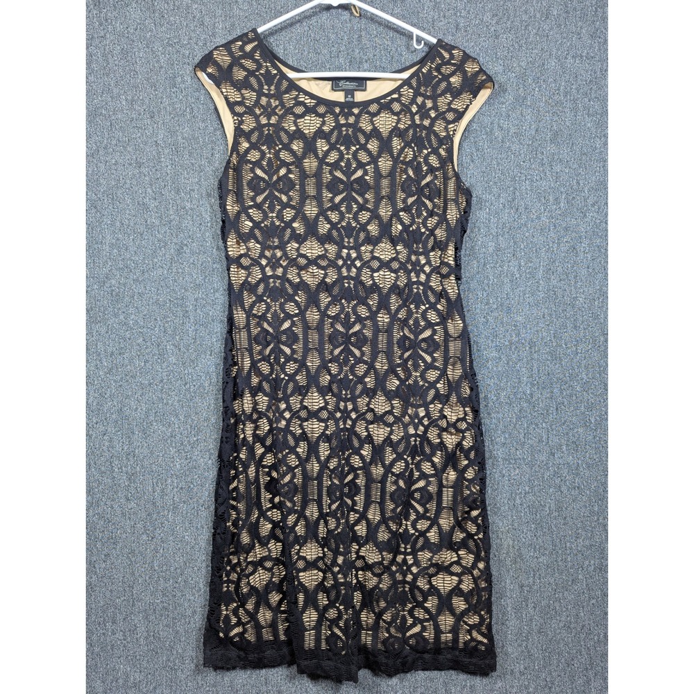 Dressbarn Collection Black Lace Overlay Sheath Dress Tan Lining Size 12